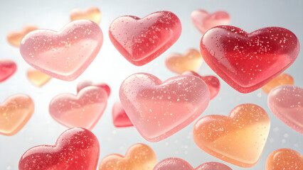 Fototapeta premium Translucent Jelly Hearts 3D. Playful 3D jelly heart shapes with soft translucent glow, ideal for Valentine digital ads, romantic promotions, and cheerful branding visuals.