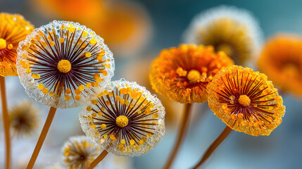 Artistic close-up of colorful, delicate, spherical seed structures with intricate patterns.
