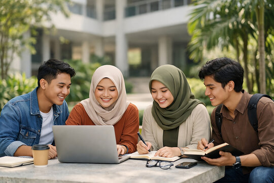 Indonesian University Students Studying Together on Campus