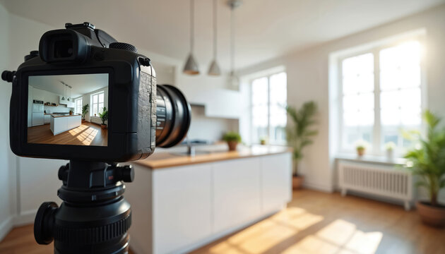Camera shoots modern white kitchen. Professional real estate photo captures interior design. Bright windows light room. Home staging for sale.