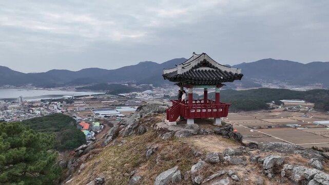 Historical Sujeongsanseong Fortress ruins and traditional pavilion in Geoje