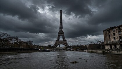 Eiffel Tower Under Stormy Skies.