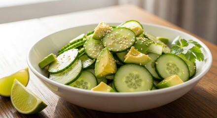 Freshly prepared green salad featuring sliced cucumbers and avocado tossed with seeds sits ready for eating.