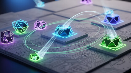 Glowing Icosahedron Shapes on Circuit Board.