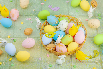 Vibrant Easter concept. Traditional festive symbols - eggs, rabbits and birds