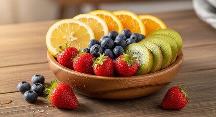 Sliced citrus, berries, and kiwi are beautifully arranged in a wooden bowl atop a rustic table