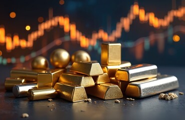 Obraz premium Gold bars and spheres piled together against a blurred stock market graph background. Shiny precious metals symbolize wealth investment and financial growth.