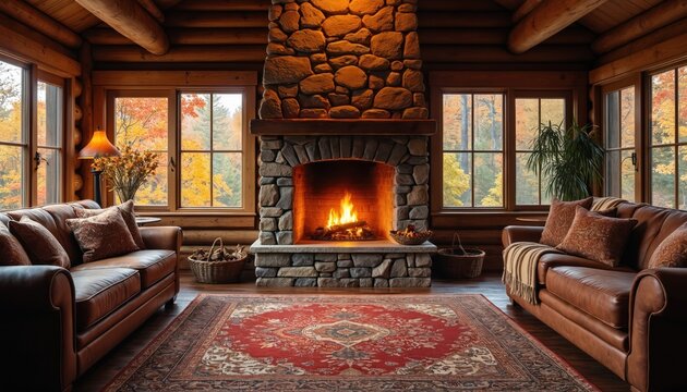 Log cabin interior with stone fireplace burning warm in autumn. Leather sofas, ornate rug, and forest foliage visible through windows create cozy atmosphere. Peaceful retreat.