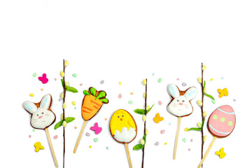 Traditional Happy Easter cookies, festive edible decor. Homemade baking concept, cute sweets