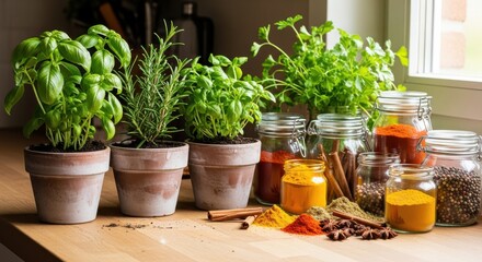 Various fresh potted herbs and dried spices are displayed together on a light wooden counter near a window