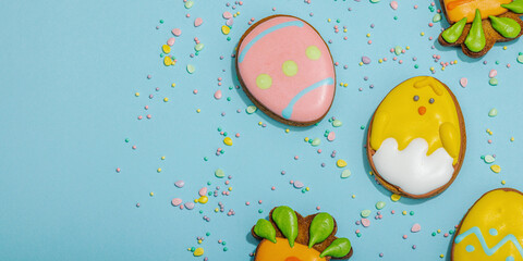 Traditional Happy Easter cookies, festive edible decor. Homemade baking concept, cute sweets
