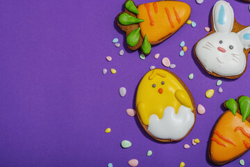 Traditional Happy Easter cookies, festive edible decor. Homemade baking concept, cute sweets
