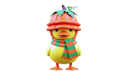 Cute Duckling Wearing Pumpkin Hat and Striped Scarf