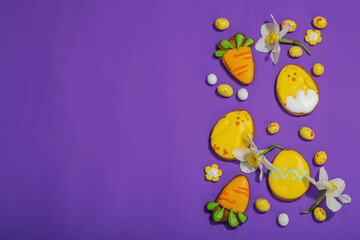 Traditional Happy Easter cookies, festive edible decor. Homemade baking concept, cute sweets