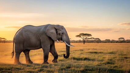 Fototapeta premium Majestic African Elephant Walks Through Savannah at Golden Hour with Acacia Trees in Background