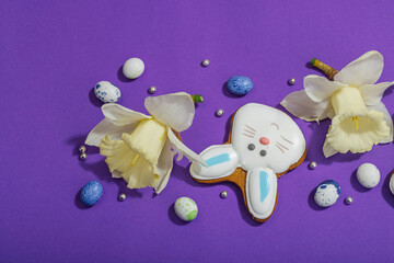 Traditional Happy Easter cookies, festive edible decor. Homemade baking concept, cute sweets