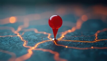 Red map pin marks specific point on glowing street grid. This abstract digital image visualizes urban navigation planning and destination discovery. Illuminated lines create striking pathway.