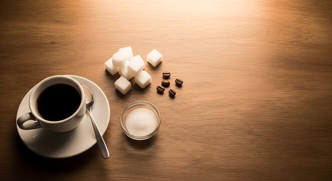 Still life composition with coffee, sugar, beans and wooden background