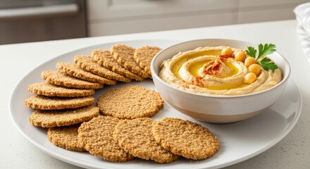 Creamy chickpea dip garnished with oil and spice served alongside round whole grain crackers on a white platter