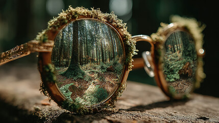 Sunglasses with forest reflections, adorned with moss and small plants.