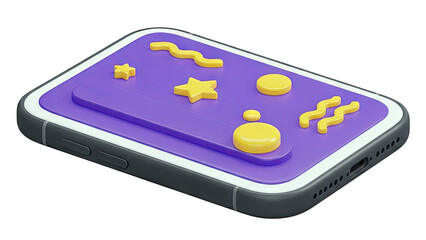 3D Render of a Smartphone with Playful Purple and Yellow Graphics