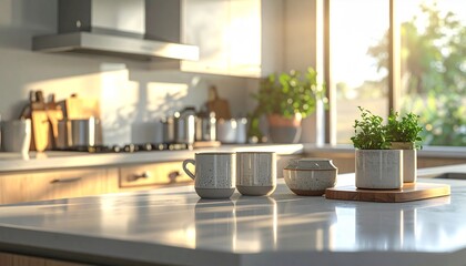 Modern Kitchen Interior with Sunlight Streaming Through a Window Featuring Ceramic Mugs and Plants