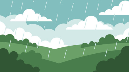 Naklejka premium Rainy landscape with green hills and white clouds.