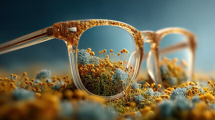 Eyeglasses resting on a surface covered with colorful moss and tiny flowers.