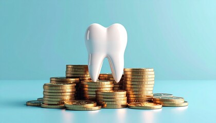 Shiny White Tooth Resting atop Golden Coin Stacks against a Light Blue Background with Soft Lighting