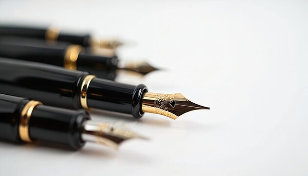 Several black fountain pens with gold accents lie on clean white surface. Ornate nibs visible in sharp focus, hinting at classic writing instruments. Elegant tools presented for collectors writers.