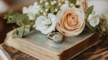 A couple's wedding rings are on top of a book