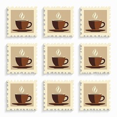 Obraz premium Collection of nine retro coffee stamps features steaming cups on saucers. Timeless design elements evoke a sense of warm, cozy beverage enjoyment. Perfect for cafe menus or vintage-themed decor.