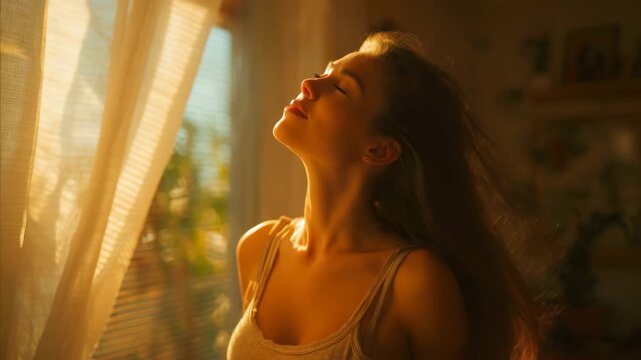 Woman Enjoying Quiet Moment in Natural Sunlight, fan