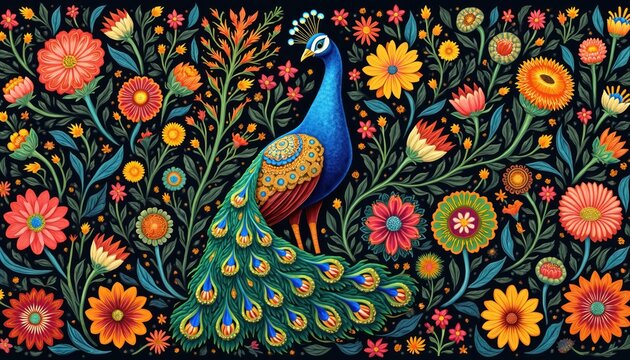 Intricate Indian folk art features vibrant peacock in colorful blooming flowers, green leaves. Detailed illustration uses traditional motifs, bright colors for lively decorative background. Ornate