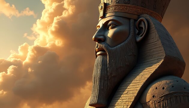 Ancient Mesopotamian god sculpture with beard and crown under golden clouds. Stone relief depicts Enlil, Ea, Ishtar, Inanna figures. Historical Sumerian civilization.
