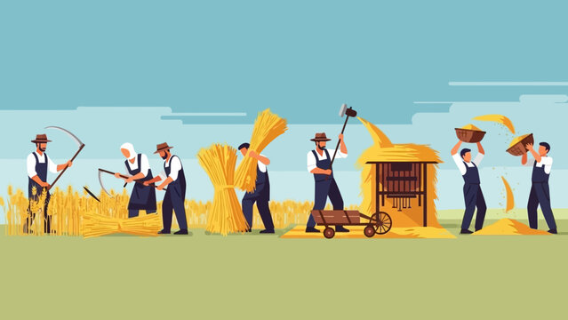 Farmers harvesting and processing grain in a field.