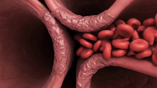 Microscopic view of blood cells and a blood clot forming within a vessel.