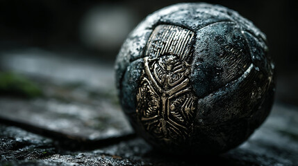 A weathered, metallic, carved spherical object resting on a wet surface.