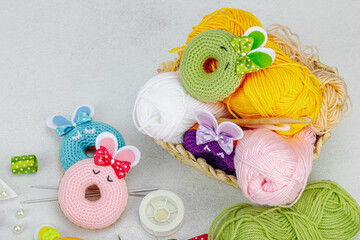 Set of clew of thread for knitting. Crocheted mushrooms, pumpkins, handmade, autumn hobby concept