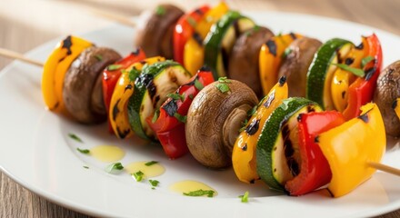 Grilled vegetable skewers featuring colorful bell peppers, zucchini, and mushrooms presented on a white plate.