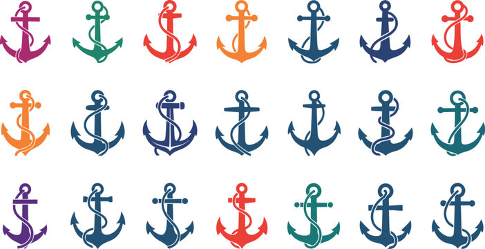 A colorful array of twelve anchors arranged in three rows on a white background