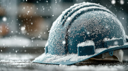 Safety helmet covered in snow resting on a surface.