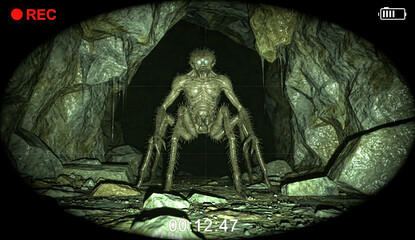 Night Vision View of a Giant Spider-Human Hybrid Creature Inside a Dark Cave