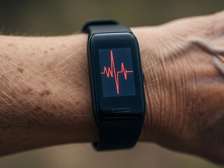 Fitness tracker displaying heartbeat on wrist