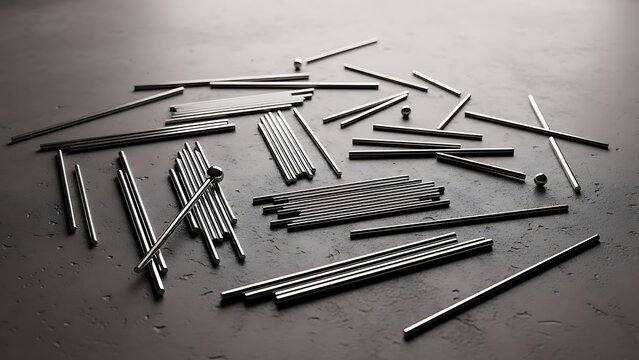 Artistic Composition of Metal Rods Scattered on Dark Gray Surface