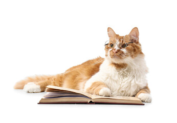 Cute cat with book lying on white background
