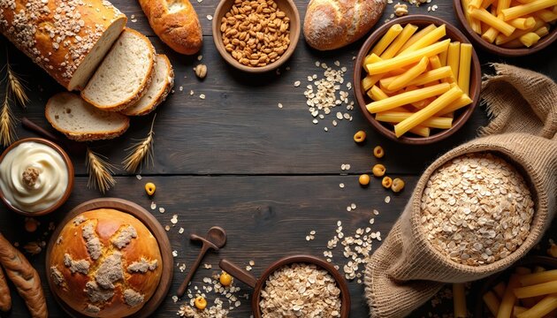 Bakery assortment on wooden table. Includes fresh bread loaves, pasta tubes, oats in burlap sack, and bowl of grains. Different carbs and ingredients for meals.
