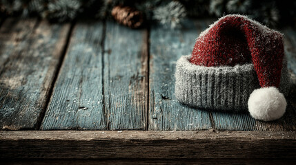Festive Santa hat on a rustic wooden surface with pinecones in the background.