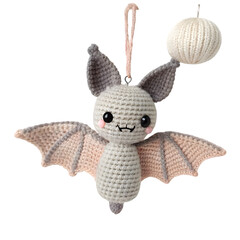 Adorable Crochet Bat Ornament with Soft Pink and Gray Wings Hanging from a Loop with a White Ball on transparent background