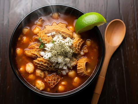 Authentic mexican menudo dish with lime and spoon